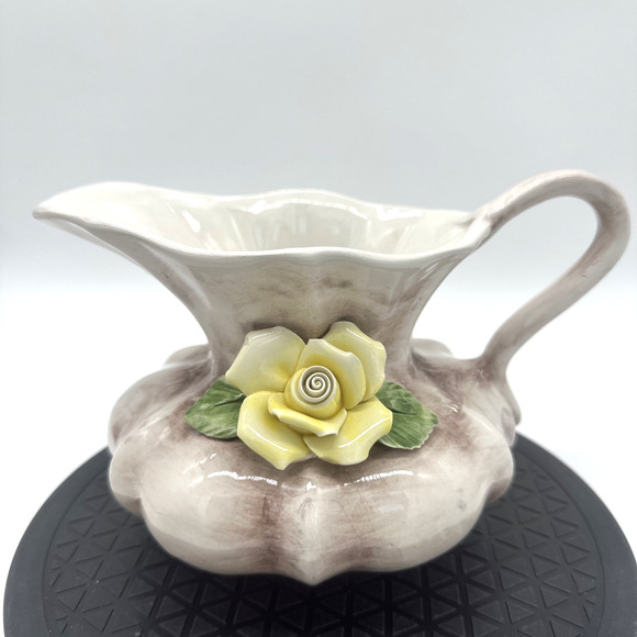 Italian Marked Capodimonte Porcelain Flower Vase Taupe Yellow Rose Pitcher - Picture 1 of 9